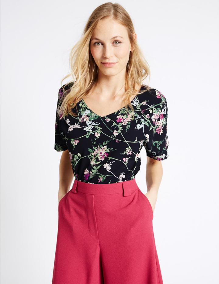 Marks & Spencer Floral Print V-neck Short Sleeve Shell Top Navy Mix