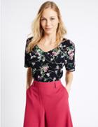 Marks & Spencer Floral Print V-neck Short Sleeve Shell Top Navy Mix