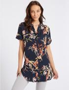 Marks & Spencer Floral Print Satin Short Sleeve Blouse Navy Mix