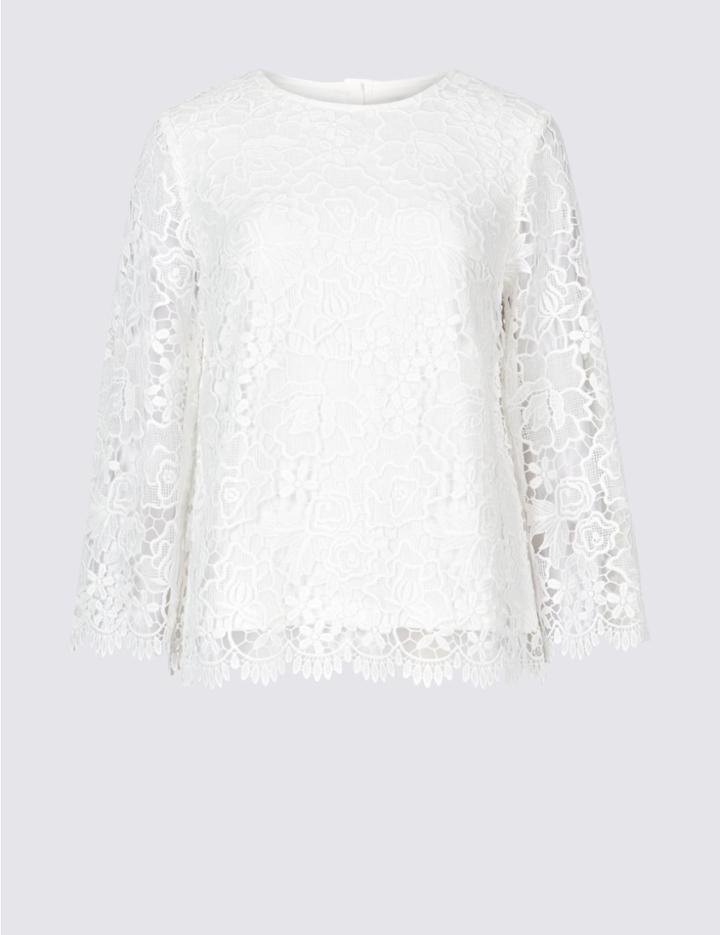 Marks & Spencer Lace Round Neck Long Sleeve Blouse Ivory