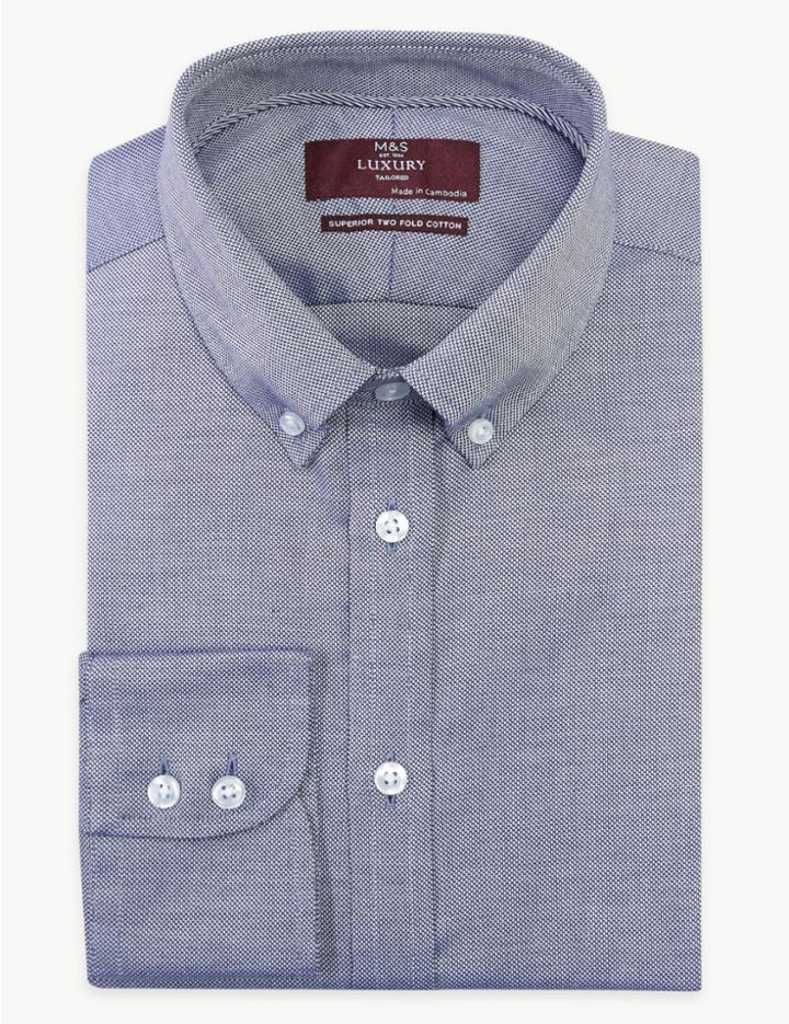 Marks & Spencer Cotton Tailored Fit Easy To Iron Oxford Shirt Navy Mix