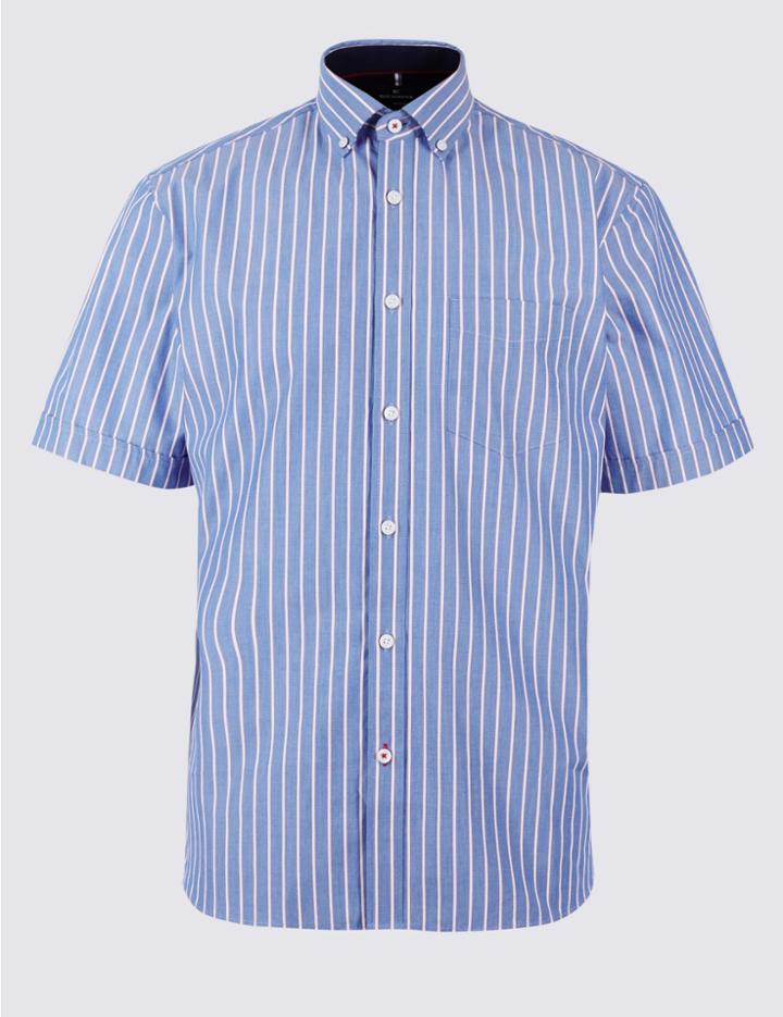 Marks & Spencer Pure Cotton Striped Shirt With Pocket Blue Mix