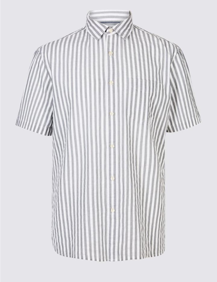 Marks & Spencer Pure Cotton Striped Shirt With Pocket Khaki