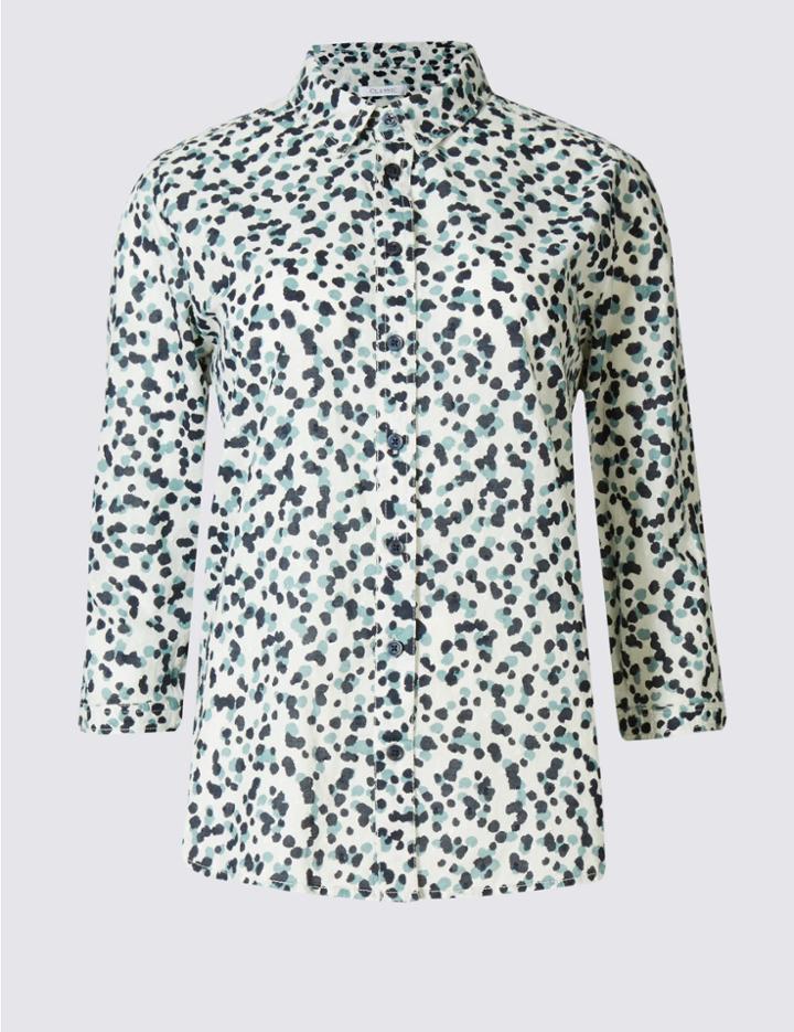 Marks & Spencer Pure Cotton Spotted 3/4 Sleeve Shirt Ivory