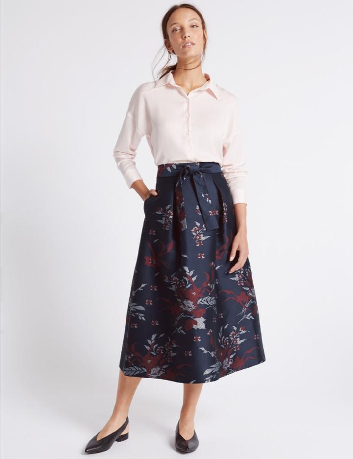 Marks & Spencer Tie Waist Floral Print A-line Skirt Navy Mix
