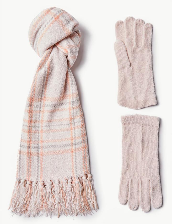 Marks & Spencer Checked Scarf With Gloves Set Pink Mix