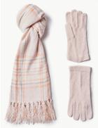 Marks & Spencer Checked Scarf With Gloves Set Pink Mix