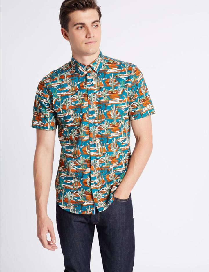 Marks & Spencer Pure Cotton Slim Fit Printed Shirt Indigo Mix