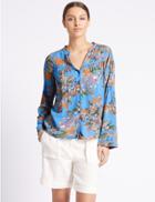 Marks & Spencer Floral Print Notch Neck Long Sleeve Blouse Blue Mix