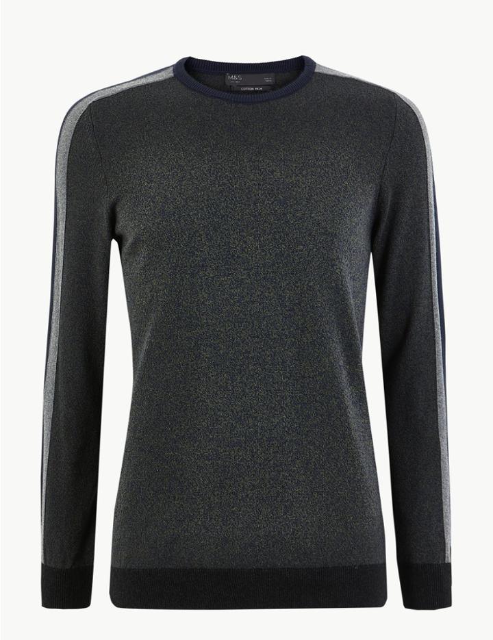 Marks & Spencer Cotton Rich Side Stripe Jumper Khaki Mix