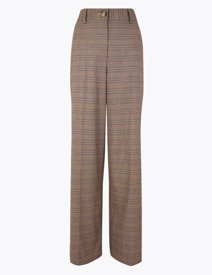 Marks & Spencer Checked Wide Leg Trousers Brown Mix