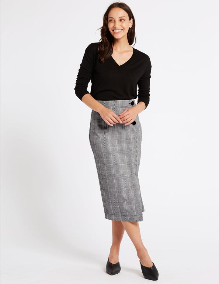 Marks & Spencer Checked Pencil Skirt Pink Mix