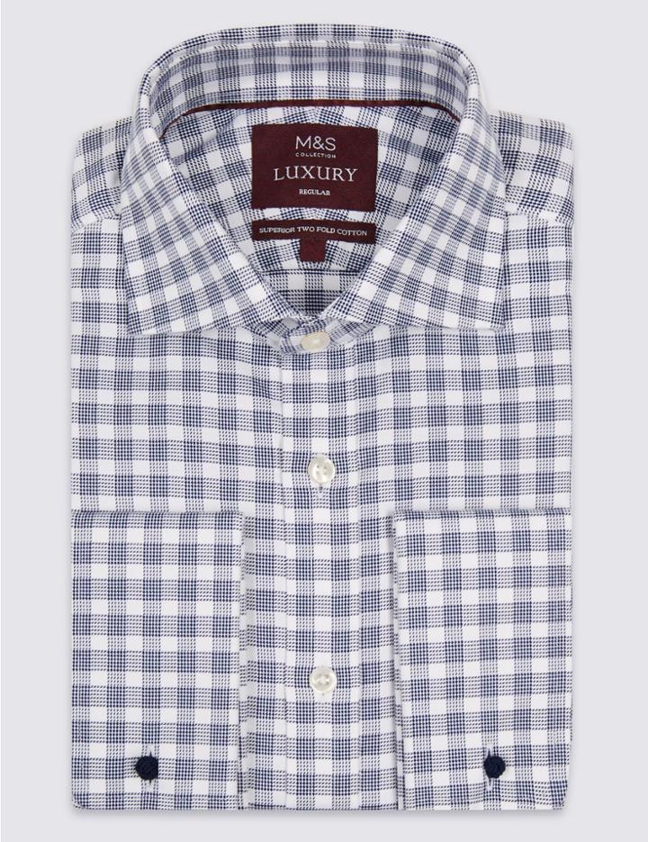 Marks & Spencer Pure Cotton Regular Fit Checked Shirt Cobalt