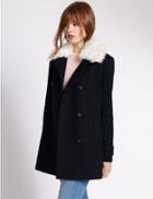 Marks & Spencer Wool Blend Faux Fur Double Breasted Coat Navy Mix