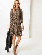 Marks & Spencer Animal Print 3/4 Sleeve Swing Mini Dress Brown Mix