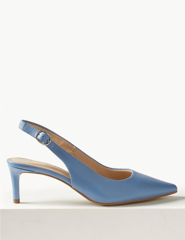 Marks & Spencer Leather Kitten Heel Slingback Shoes Light Blue