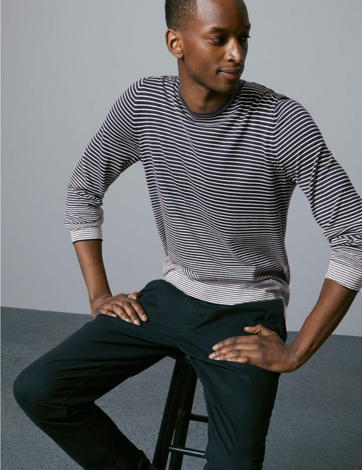 Marks & Spencer Supima&reg; Cotton Striped Slim Fit Jumper Navy Mix