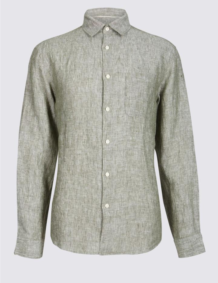 Marks & Spencer Easy Care Pure Linen Shirt With Pocket Khaki