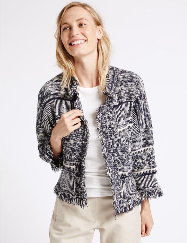 Marks & Spencer Cotton Rich Trophy Fringe Cardigan Blue Mix