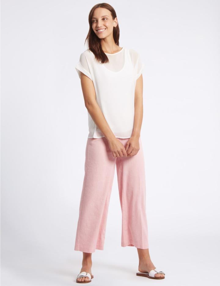 Marks & Spencer Linen Rich Wide Leg Trousers Pink
