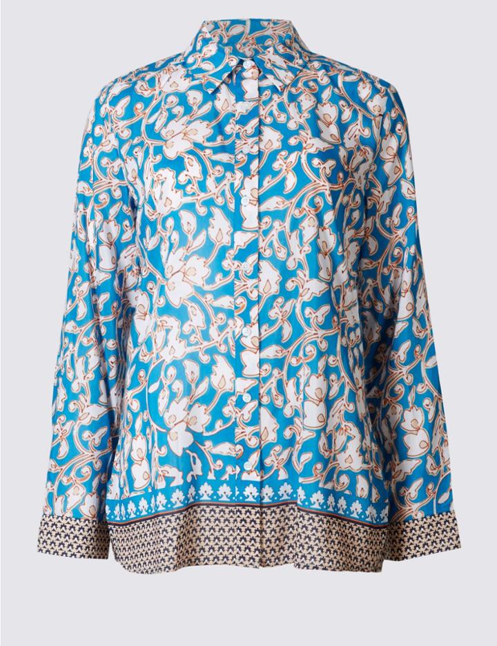 Marks & Spencer Cotton & Silk Blend Printed Shirt Turquoise