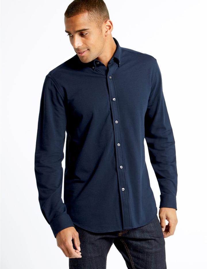 Marks & Spencer Cotton Rich Slim Fit Shirt Navy