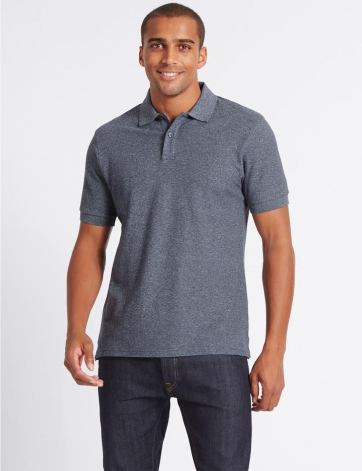 Marks & Spencer Slim Fit Pure Cotton Textured Polo Shirt Denim Mix