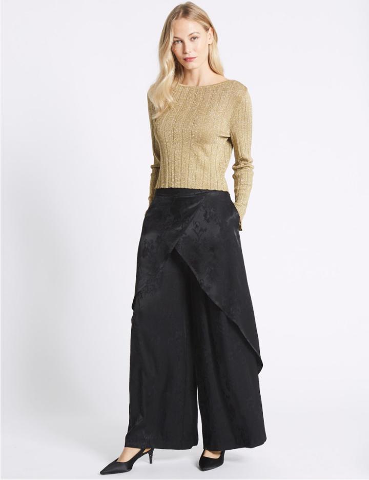 Marks & Spencer Satin Jacquard Standard Leg Trousers Black Mix