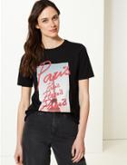Marks & Spencer Pure Cotton Paris Print Straight Fit T-shirt Black Mix