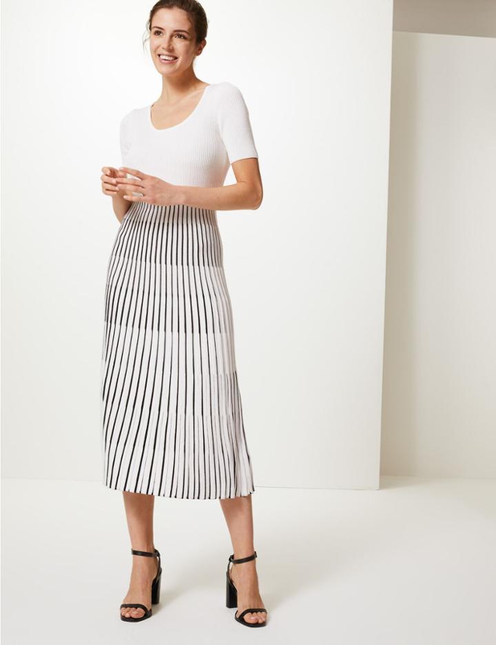 Marks & Spencer Ribbed Striped Knitted Dress White Mix