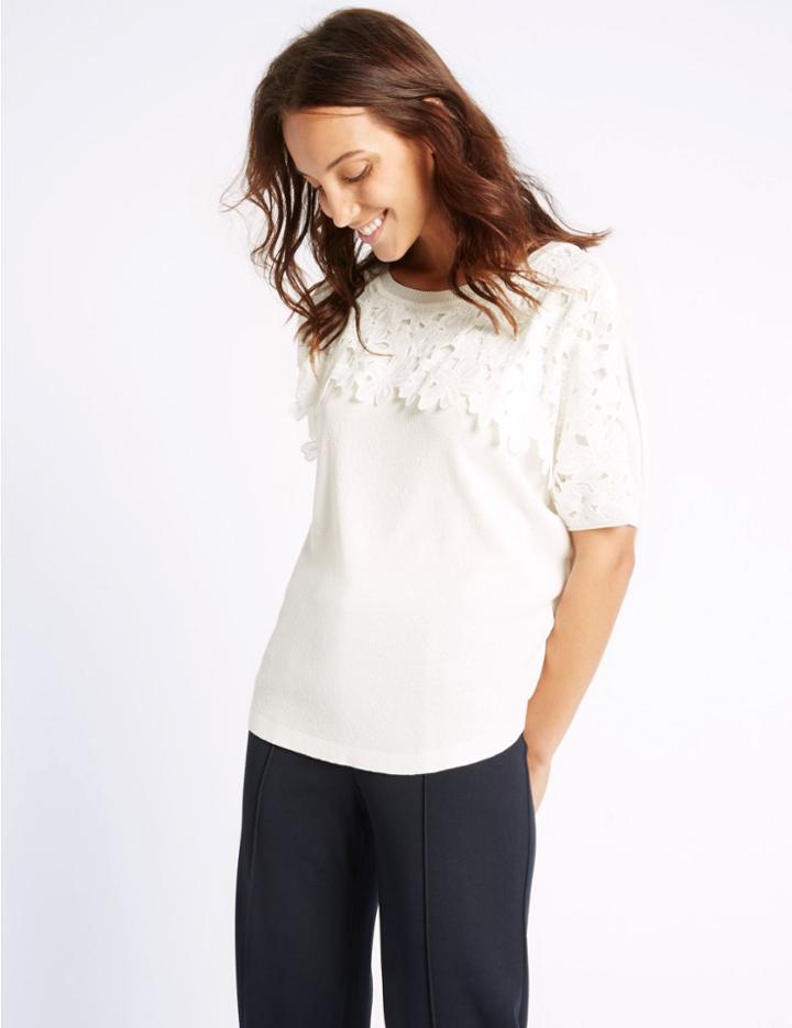 Marks & Spencer Lace Round Neck Short Sleeve Jumper Ivory