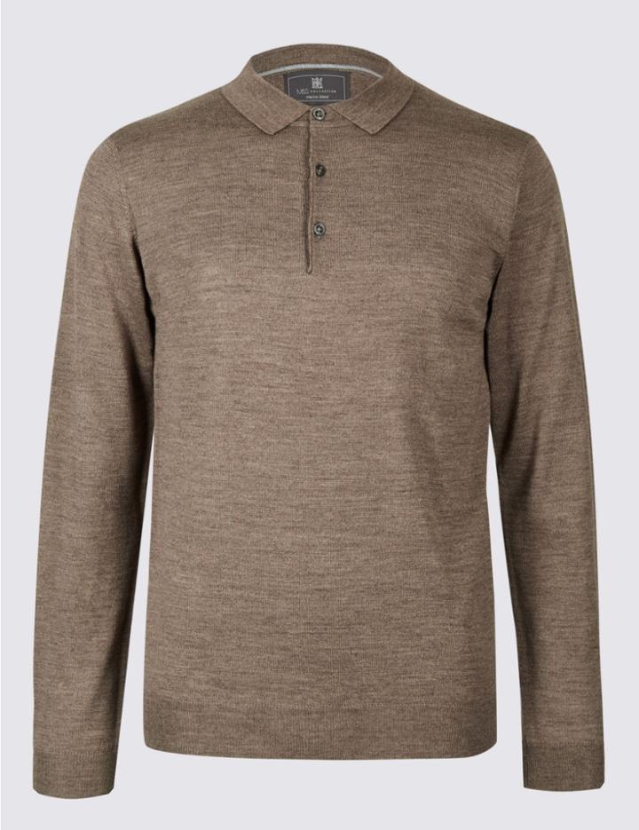Marks & Spencer Merino Wool Blend Polo Shirt Neutral