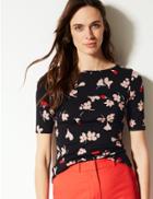 Marks & Spencer Pure Cotton Floral Print Regular Fit T-shirt Black Mix