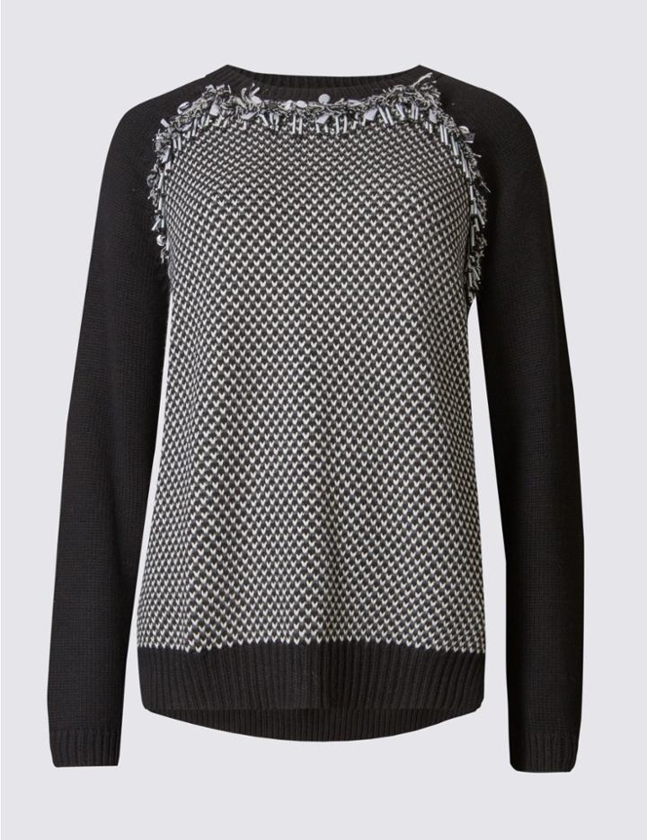 Marks & Spencer Cotton Blend Tassel Beaded Jumper Black