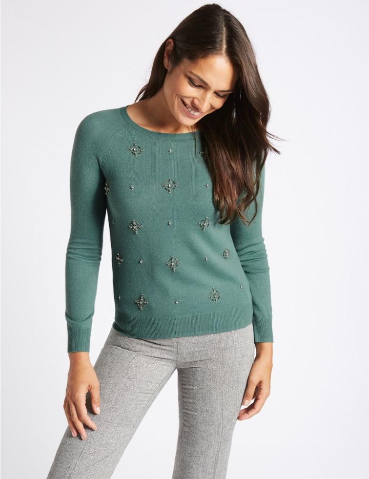 Marks & Spencer Beaded Round Neck Jumper Petrol Green