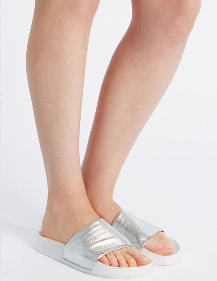 Marks & Spencer Leather Wedge Heel Flip Flops Silver