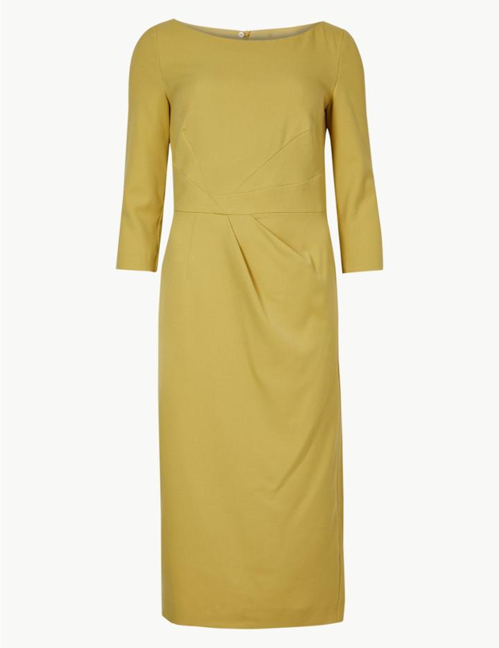Marks & Spencer Pleated 3/4 Sleeve Bodycon Dress Honey