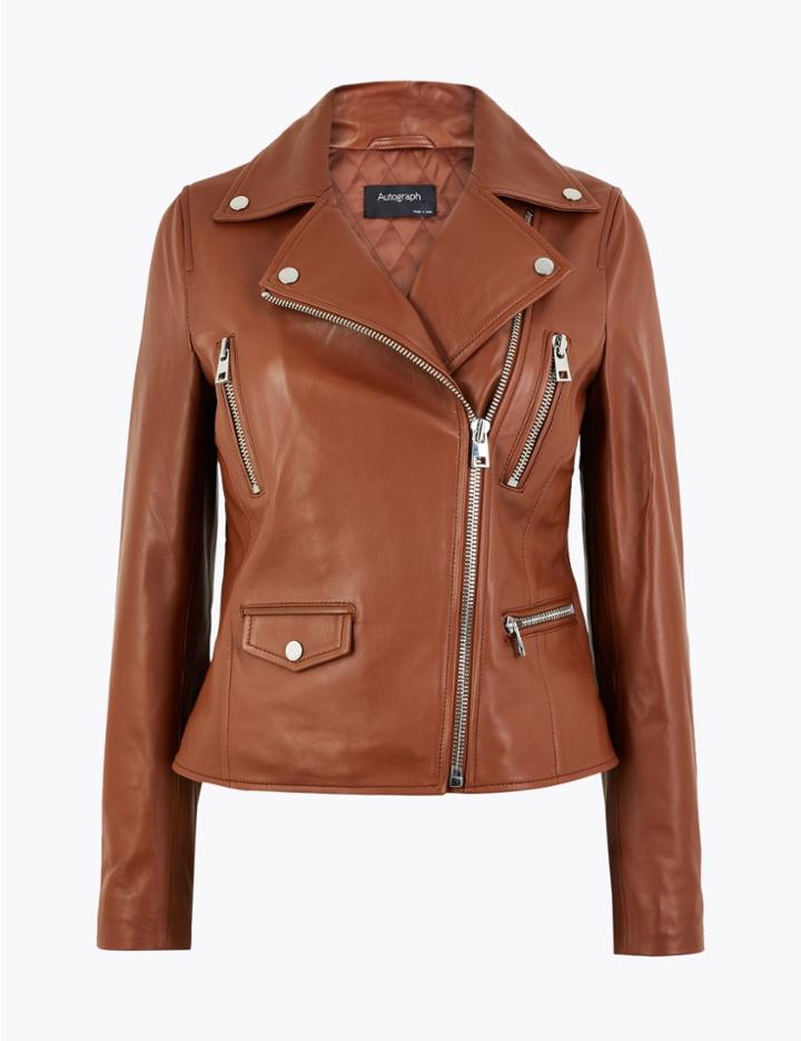 Marks & Spencer Leather Biker Jacket Copper Tan
