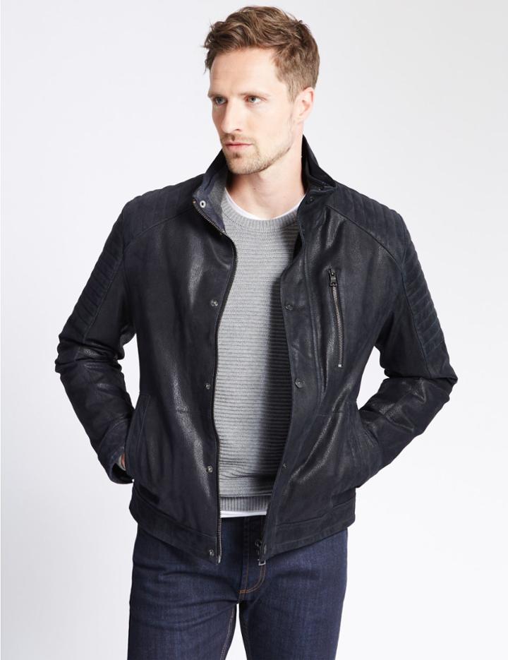 Marks & Spencer Leather Biker Jacket Navy