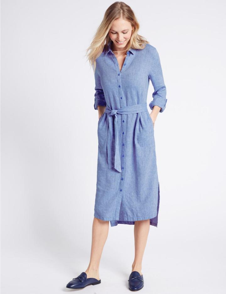 Marks & Spencer Linen Rich Chambray Shirt Dress With Belt Chambray