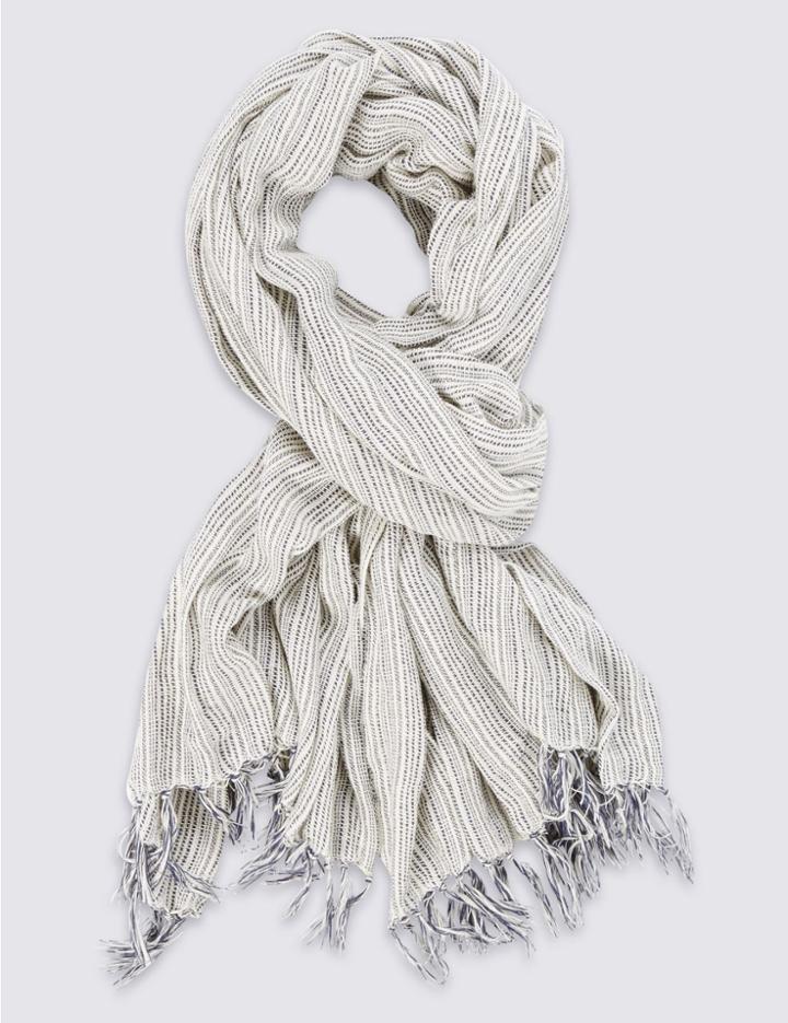 Marks & Spencer Pure Cotton Woven Earth Striped Scarf Blue Mix