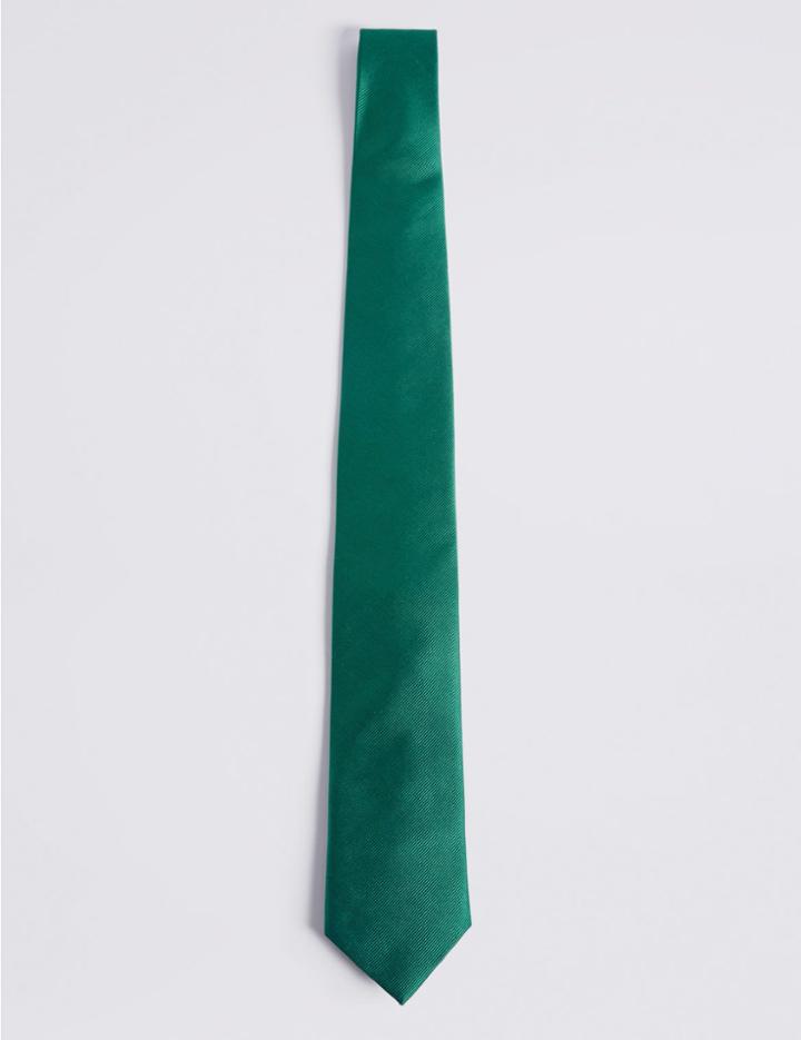 Marks & Spencer Pure Silk Satin Twill Textured Tie Green