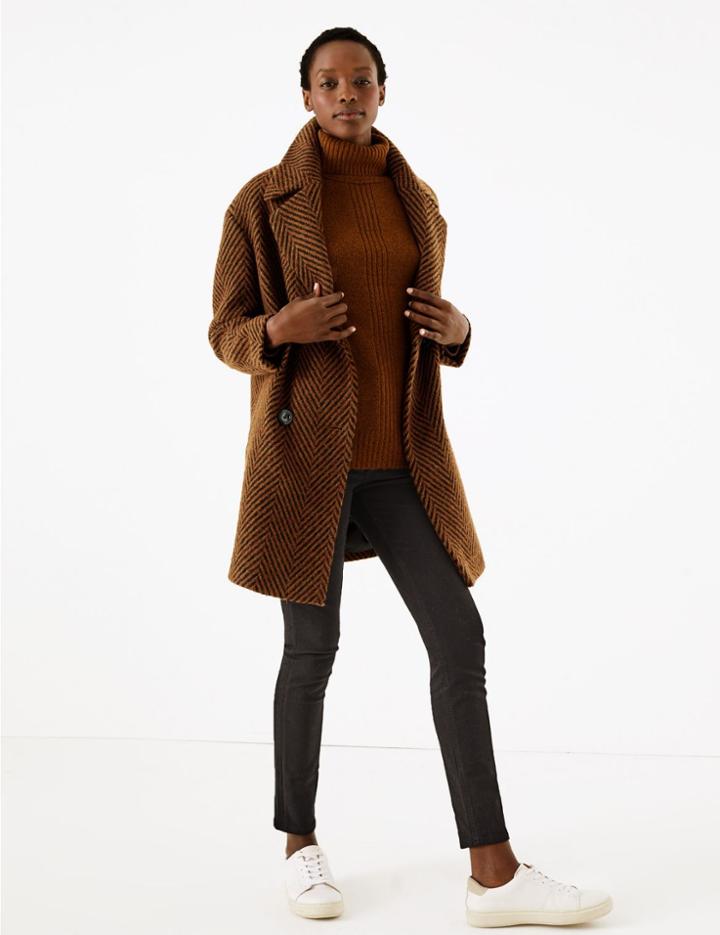 Marks & Spencer Herringbone Overcoat Brown Mix