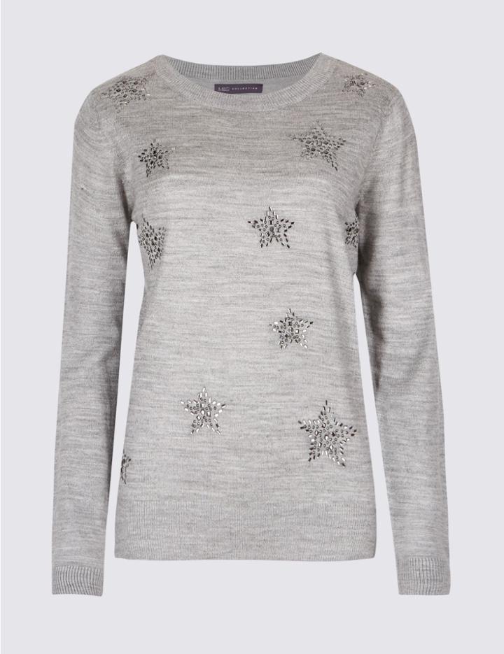 Marks & Spencer Star Embellished Round Neck Jumper Grey Mix