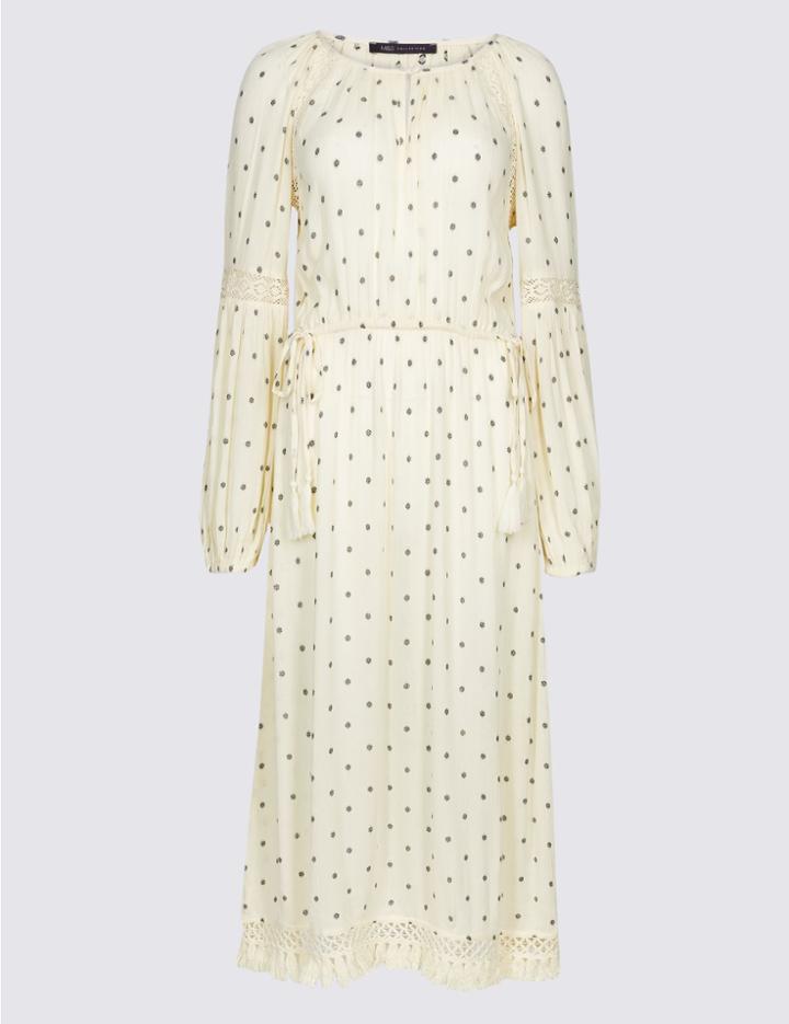 Marks & Spencer Printed Long Sleeve Drop Waist Midi Dress Ivory Mix