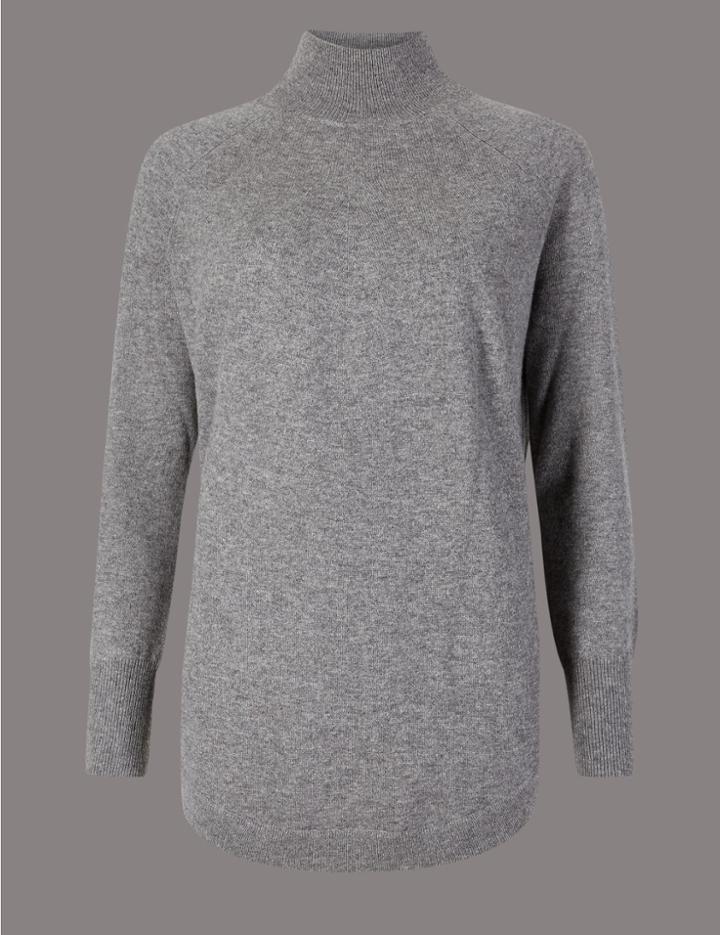 Marks & Spencer Pure Cashmere Curved Hem Funnel Neck Jumper Mid Grey