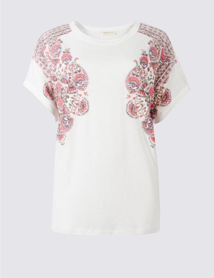 Marks & Spencer Cotton Blend Puff Floral Print T-shirt White Mix