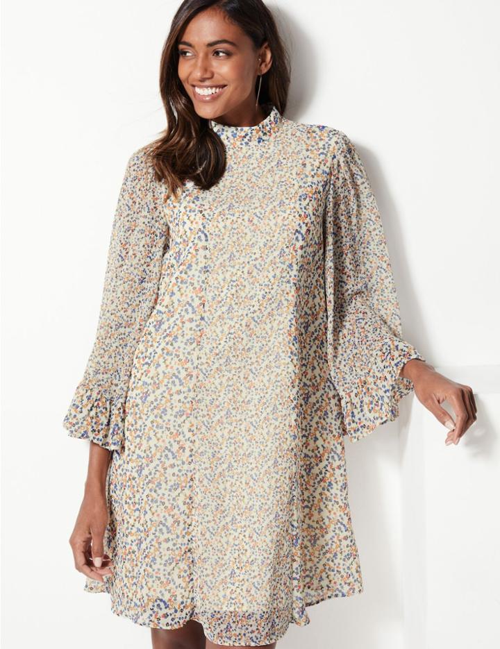 Marks & Spencer Floral Print Long Sleeve Swing Mini Dress Cream Mix