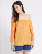 Marks & Spencer Linen Rich Slash Neck 3/4 Sleeve Bardot Top Tangerine
