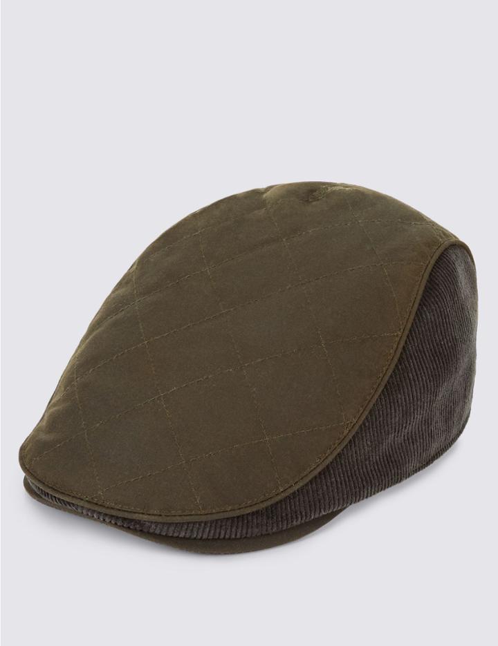 Marks & Spencer Pure Cotton Waxed Quilted Thinsulate&trade; Flat Cap With Stormwear&trade; Olive Mix